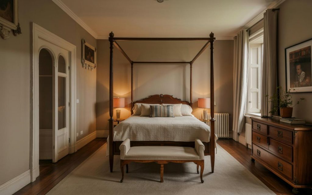 Classic heritage bedroom design with four poster bed antique dresser and warm ambient lighting