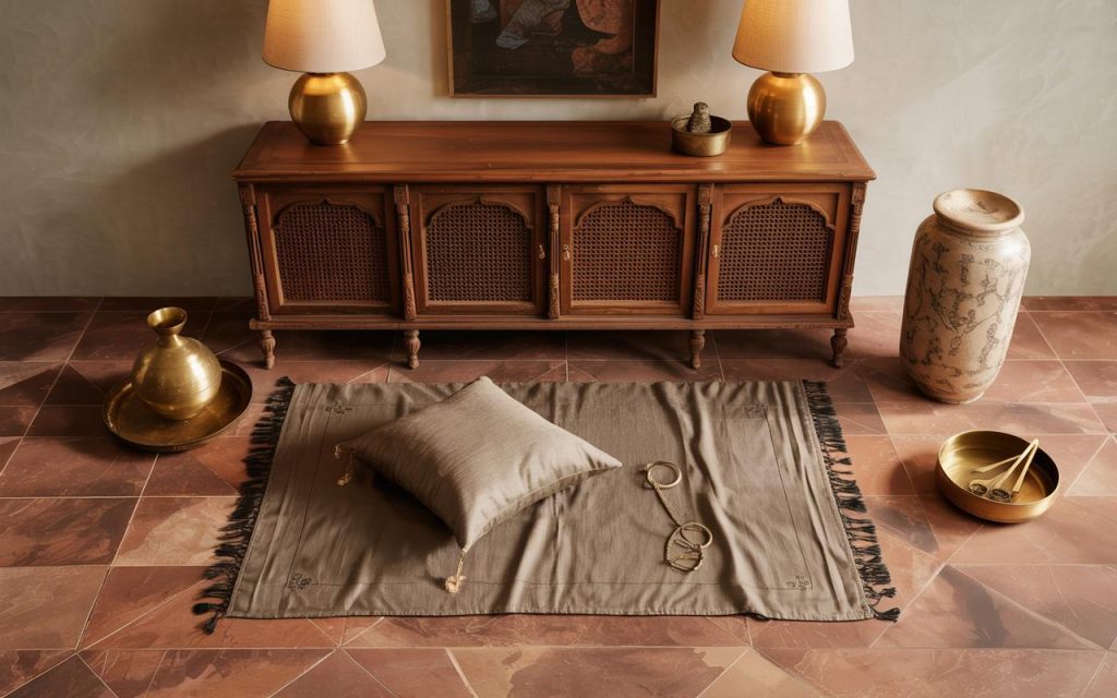 Elegant heritage decoration setup with carved wooden console brass accents and earthy tones