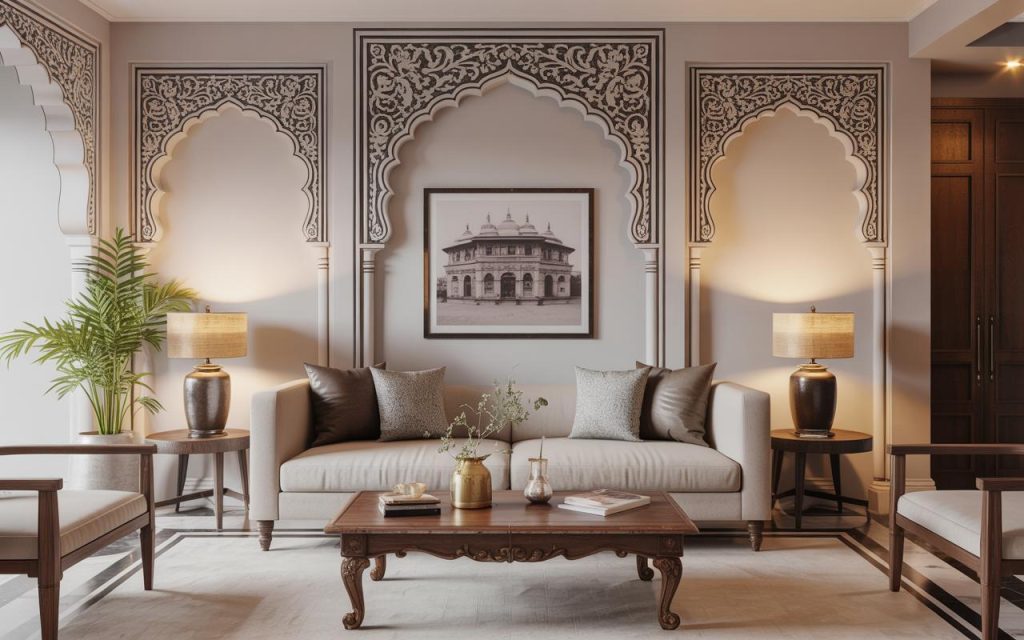 Elegant heritage wall design living room with carved arches intricate patterns and classic decor