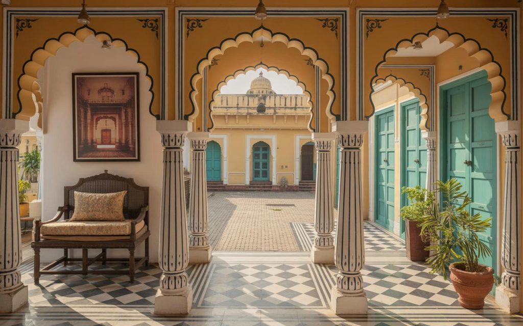 Vibrant heritage house design courtyard with ornate arches pastel doors and patterned tiles
