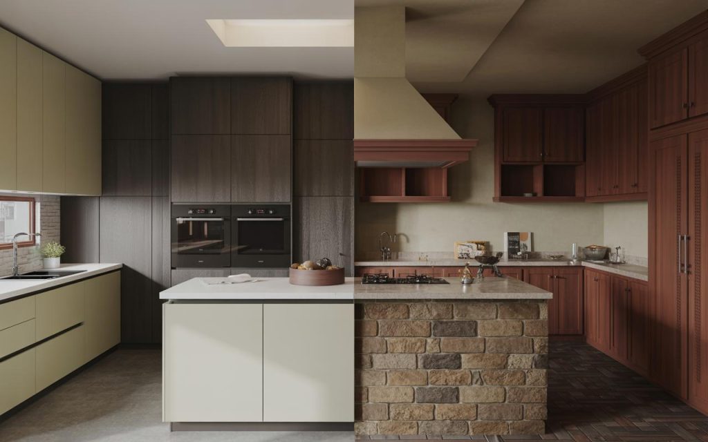 Modern non modular kitchen comparing sleek modular layout with traditional wooden kitchen setup