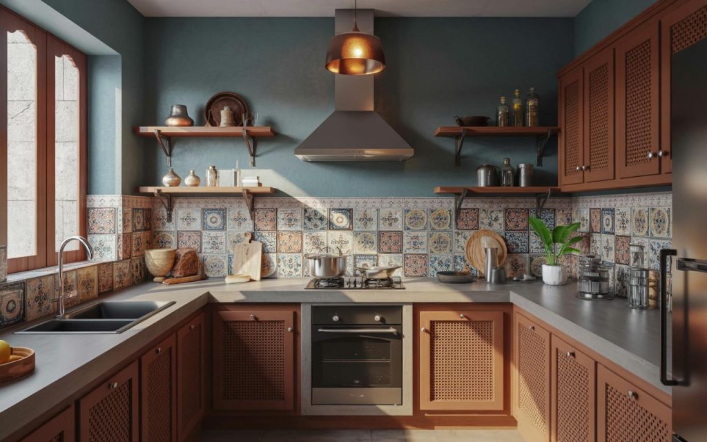 Stylish non modular indian kitchen with patterned tiles wooden cabinets and open shelves