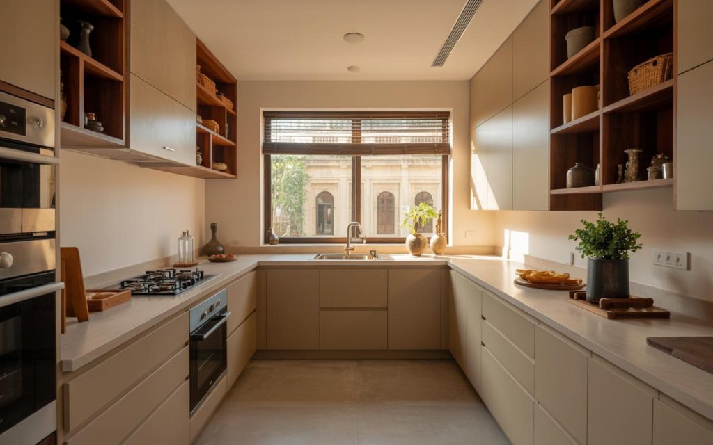 Small non modular kitchen design with clean cabinets open shelves and bright natural light