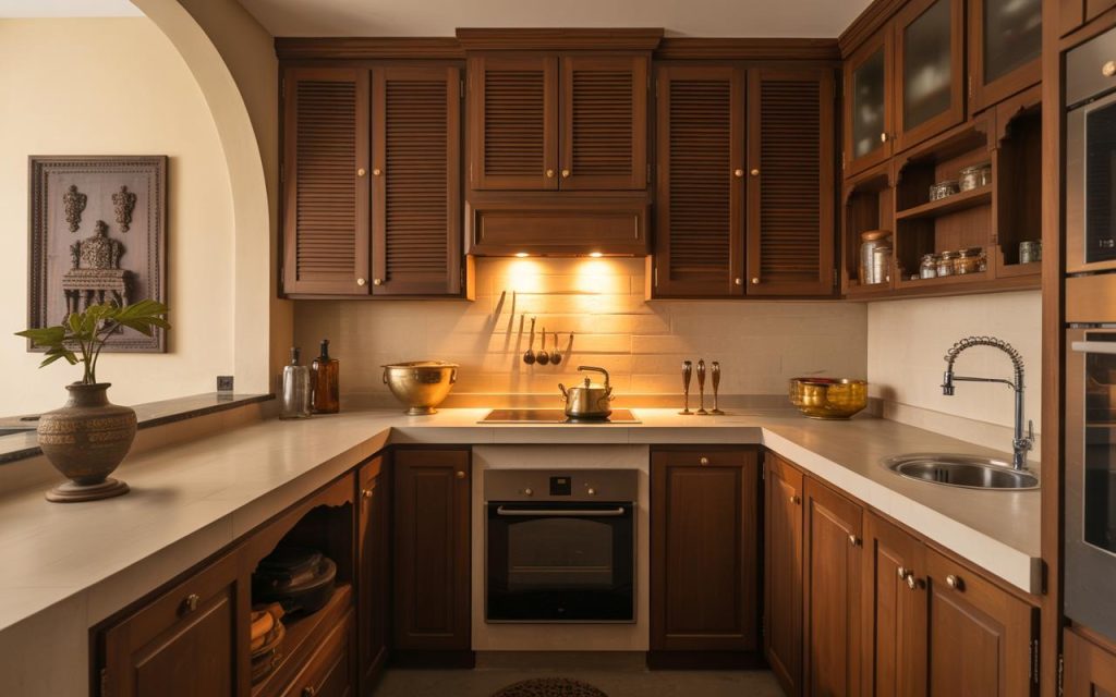 Elegant traditional non modular kitchen designs with wooden cabinets and warm ambient lighting