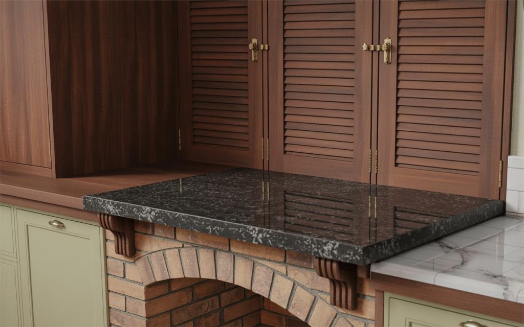 Classic non modular kitchen cabinets with wooden shutters and granite countertop over brick base