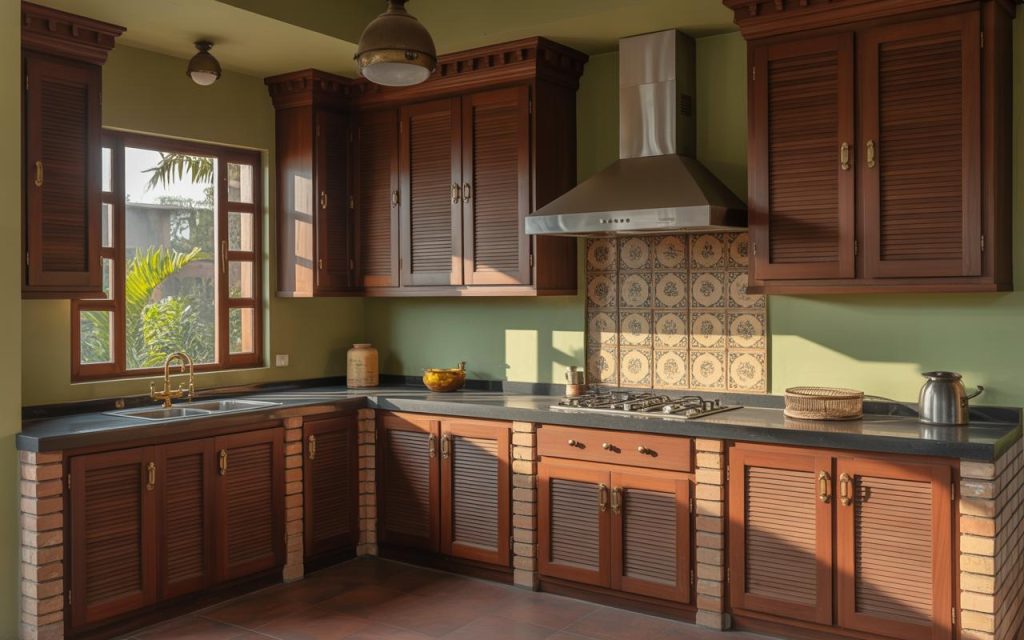 Elegant non modular kitchen featuring wooden cabinets and tiled backsplash with natural sunlight