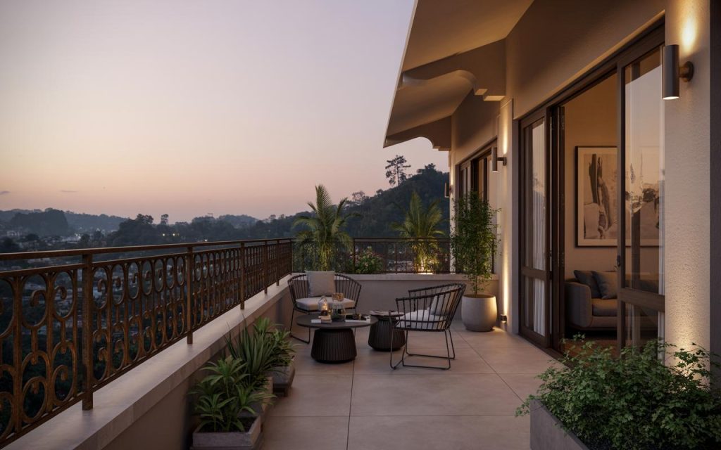 Modern iron railing design for balcony featuring curved patterns with cozy evening outdoor seating