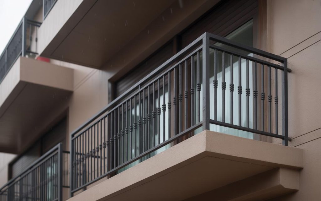 Modern iron railing design for balcony featuring sleek vertical bars and minimalist exterior style