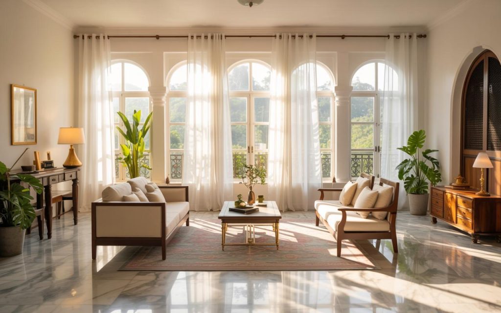 Window vastu living room with large arched windows allowing natural light and balanced energy flow