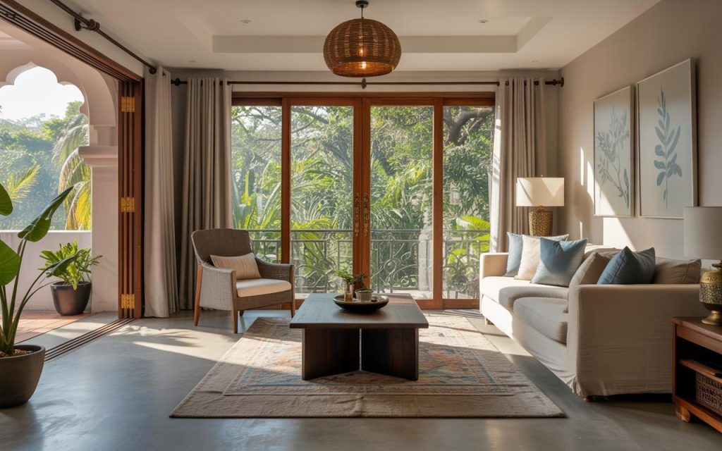 Bright windows as per vastu living room with large glass doors enhancing airflow and natural sunlight