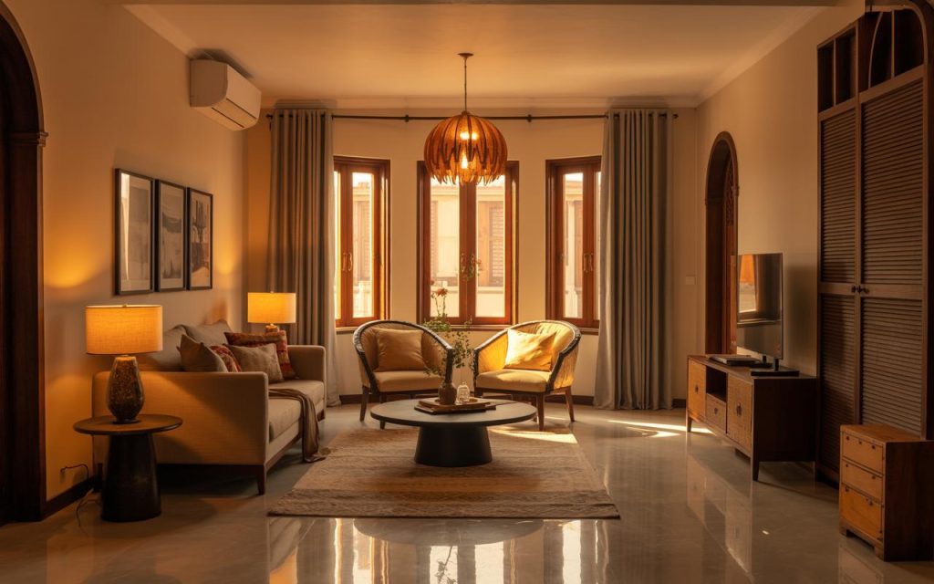 Cozy windows in west direction vastu living room with warm lighting and balanced natural sunlight flow