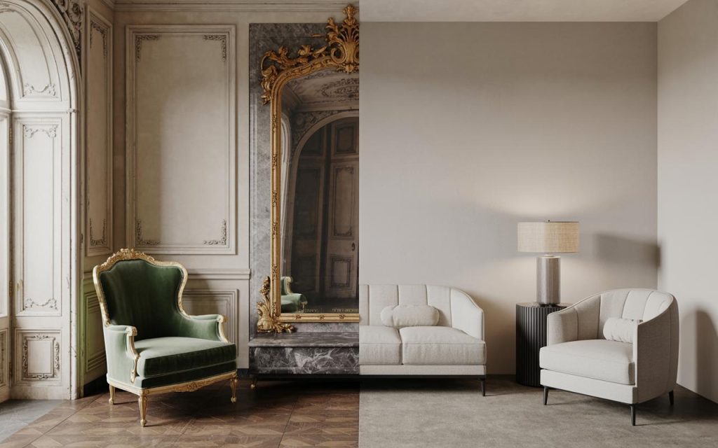 Elegant italian baroque interior design living space with ornate mirror and classic furniture contrast