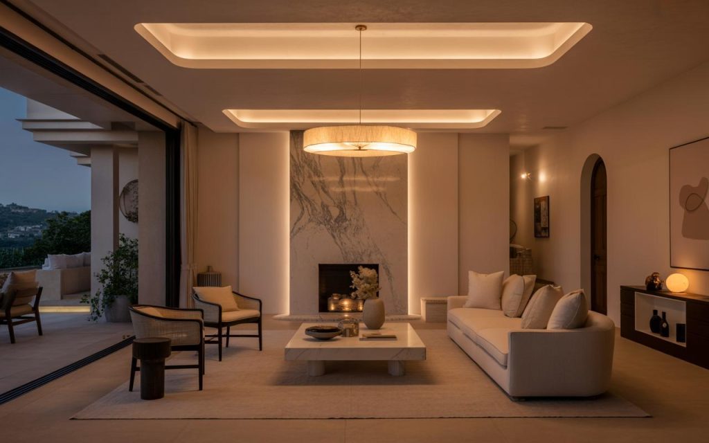 Elegant italian home interior design living room with marble fireplace, soft lighting and modern sofa setup