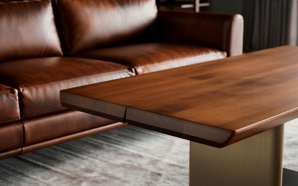 Elegant italian interior design with rich leather sofa and sleek wooden coffee table in modern living room
