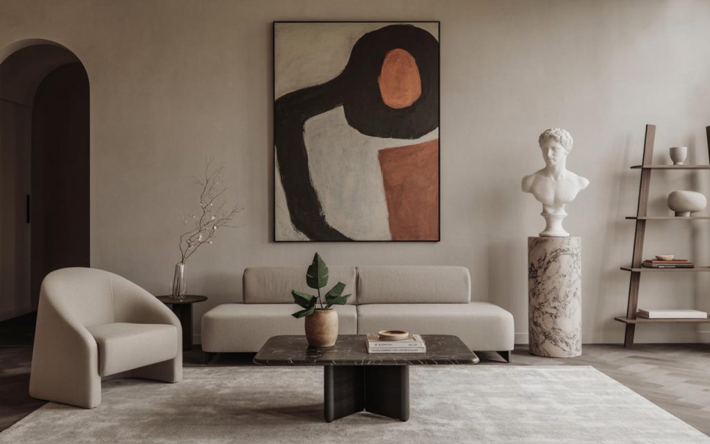 Minimalist italian contemporary interior design living room with marble pedestal, abstract art, and neutral sofa