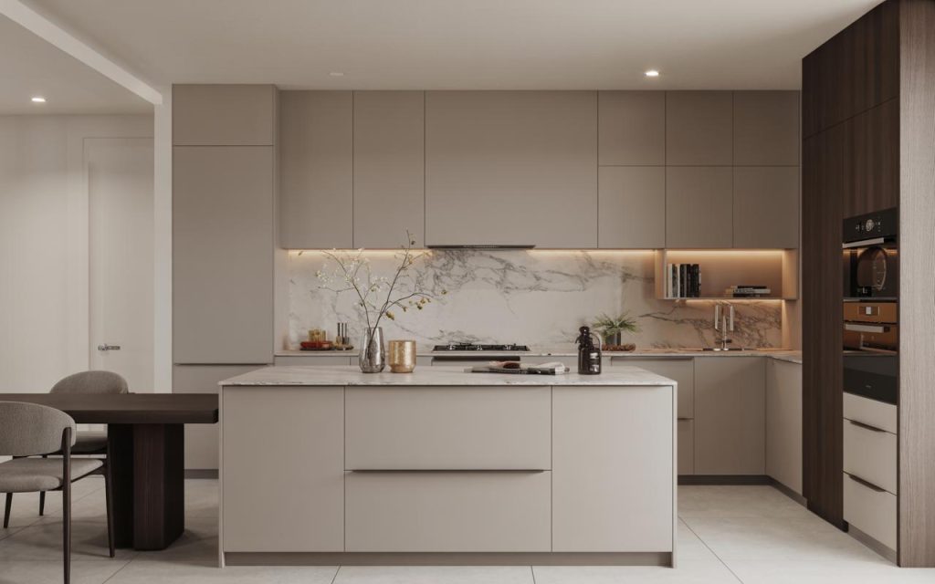 Modern italian kitchen interior with sleek cabinets, marble backsplash and minimalist island design