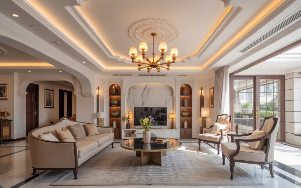 Elegant false ceiling design with chandelier lighting and layered details creating a luxurious living room