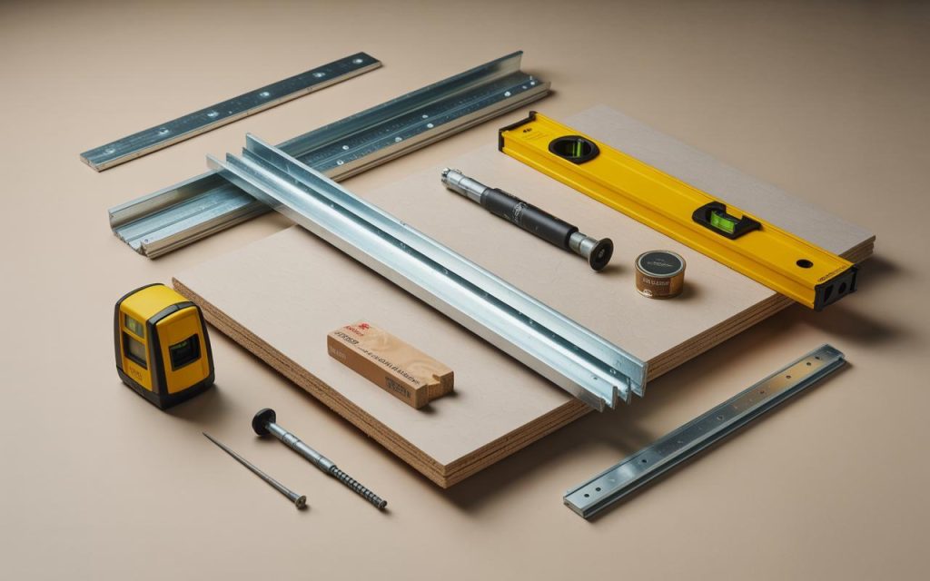 Essential false ceiling material tools including metal channels boards and level for accurate installation