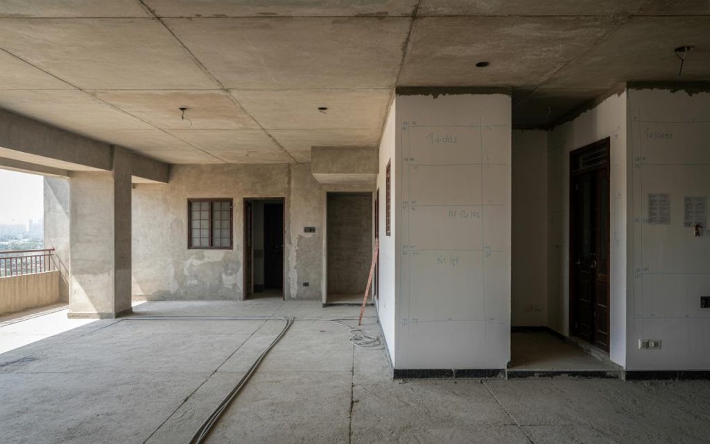 Spacious false ceiling installation site showing unfinished room ready for ceiling framework and setup