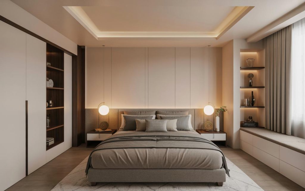 Modern false ceiling design for bedroom with soft lighting and minimal panels creating a calm elegant space
