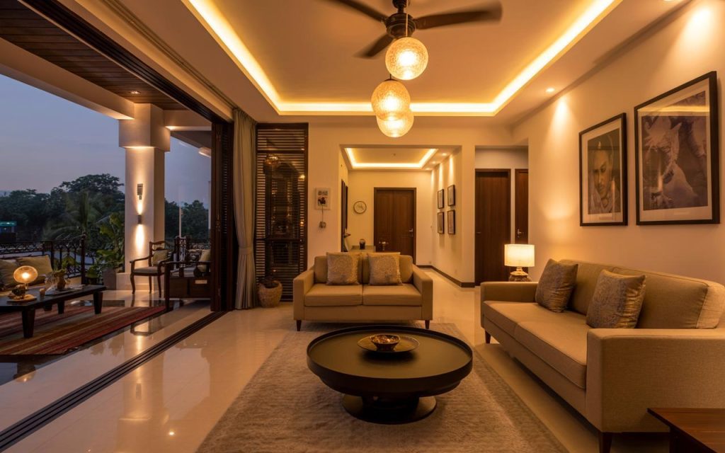False ceiling design for living room with warm cove lighting and pendant lights creating a cozy ambiance