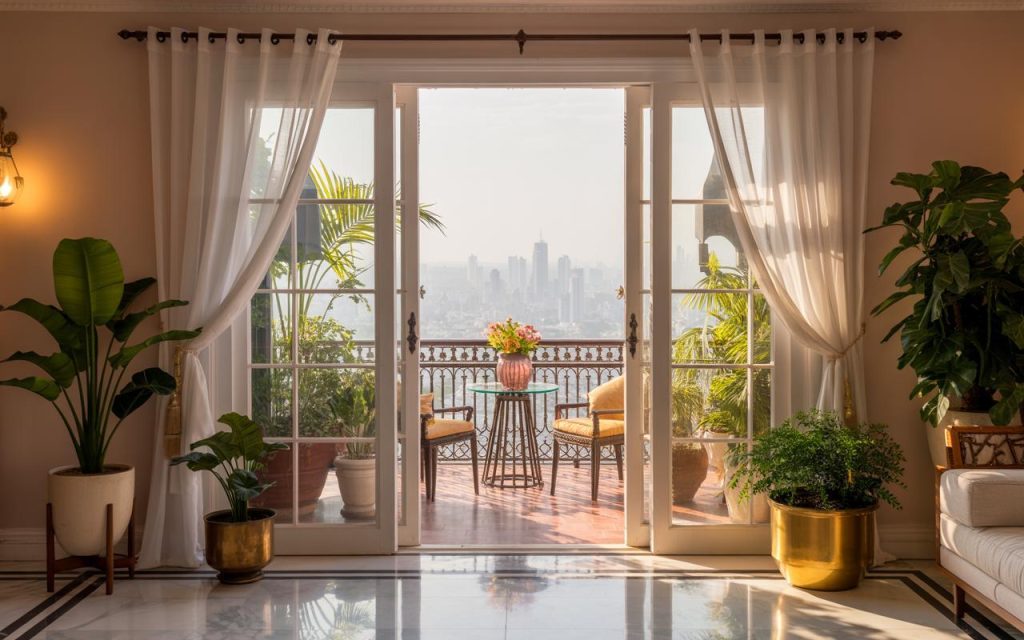 Elegant Home vastu balcony setup with plants, sunlight, and seating promoting positive energy flow.