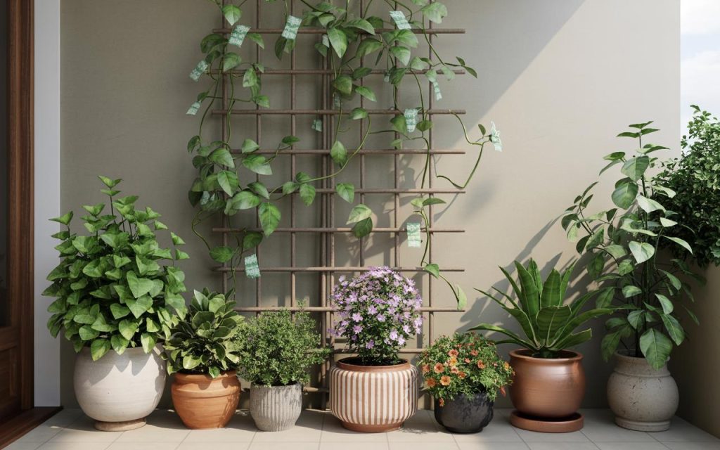 Green Home vastu balcony plants arrangement with climbers and pots enhancing positive energy flow