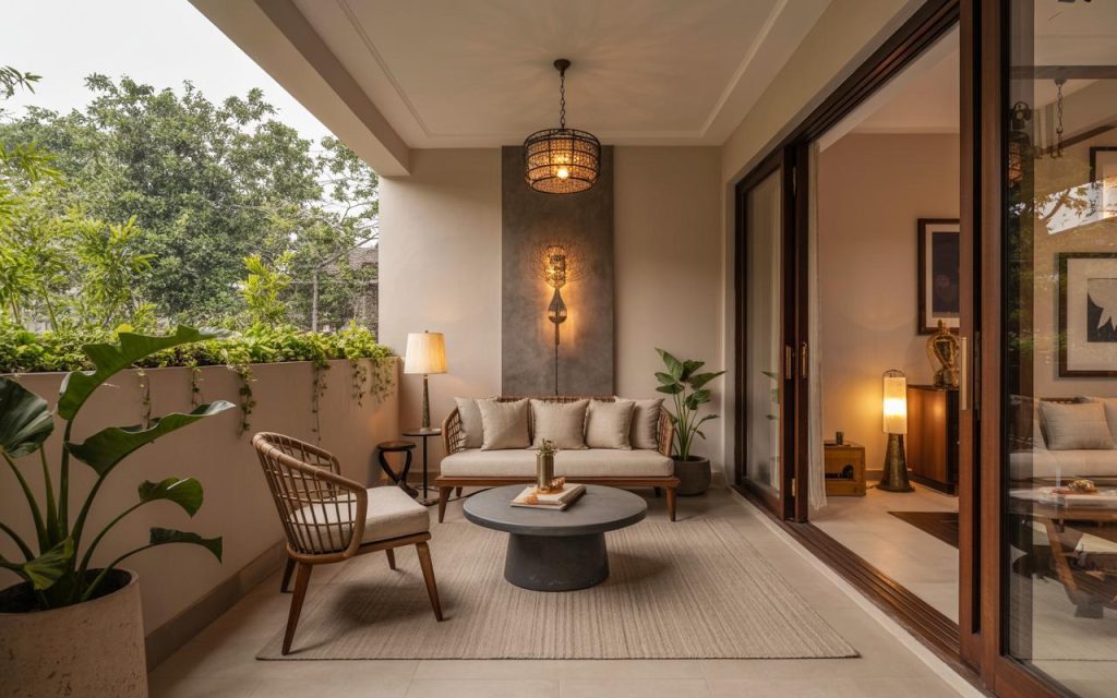 Cozy Home vastu balcony seating with plants and warm lighting for positive energy