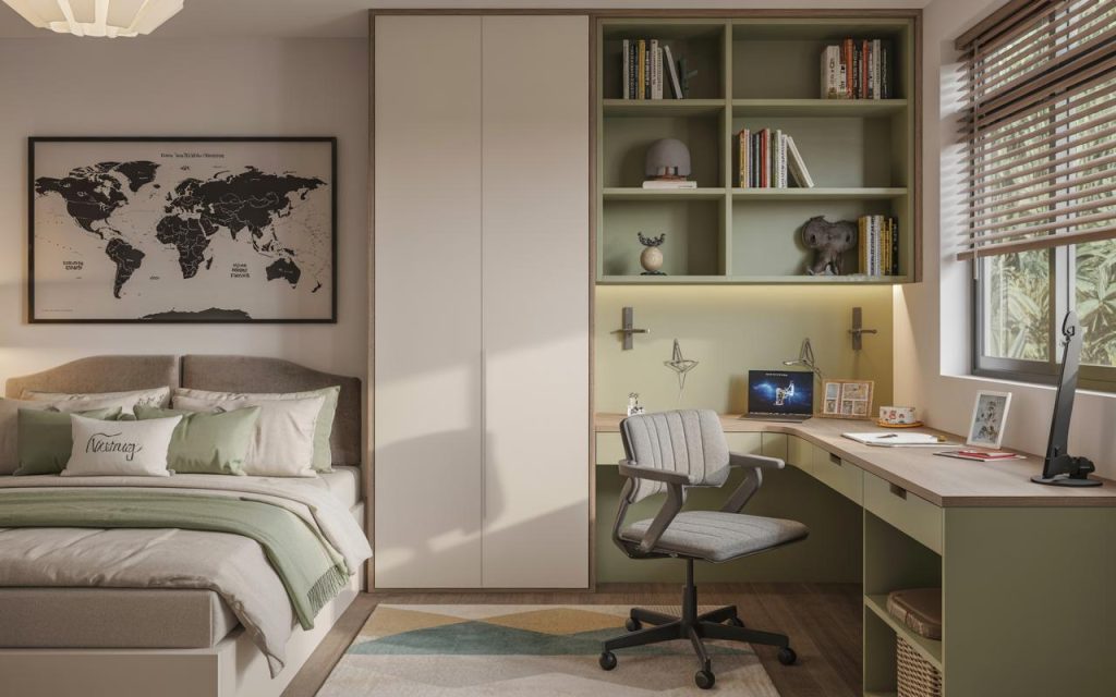 Modern Vastu tips for kids room with study desk layout and organised storage for focus