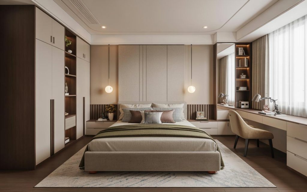 Modern bedroom design with study desk layout and smart storage for functional space