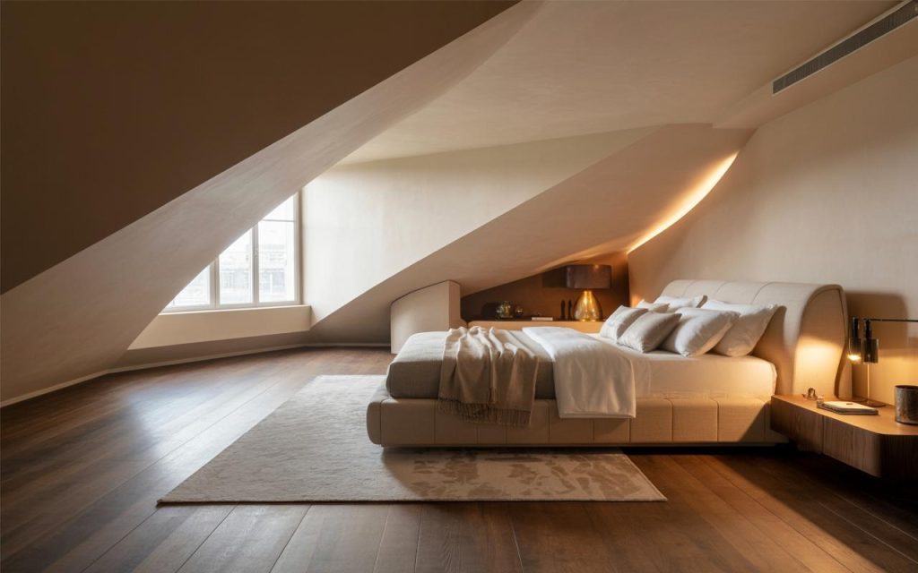 Modern bedroom design for attic space with sloped ceiling and minimal luxury setup