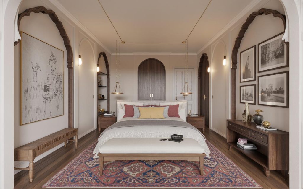 Luxury bedroom interior design with arches and elegant wooden decor