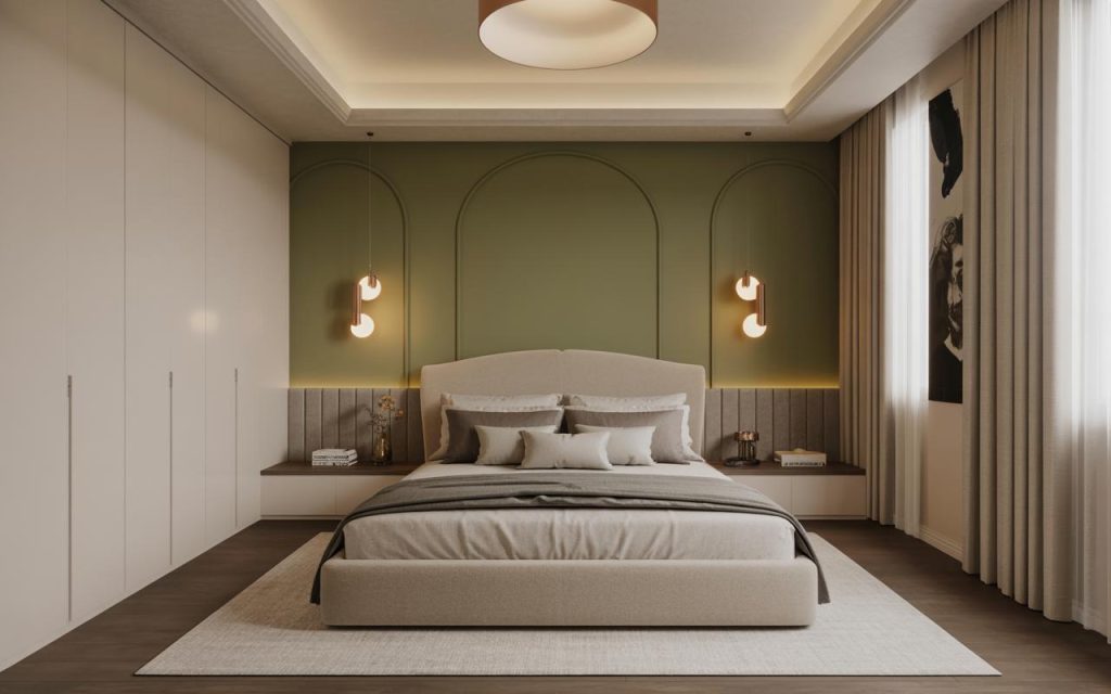 Modern bedroom design with green accent wall soft lighting and balanced bed placement