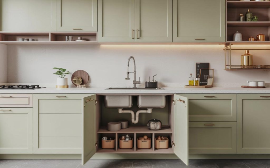 Modern under sink storage ideas with baskets and shelves for organised kitchen cabinet