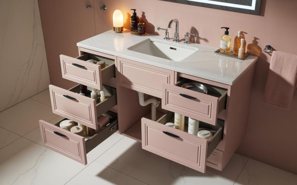 Elegant under sink storage ideas with pull-out drawers for organized bathroom storage