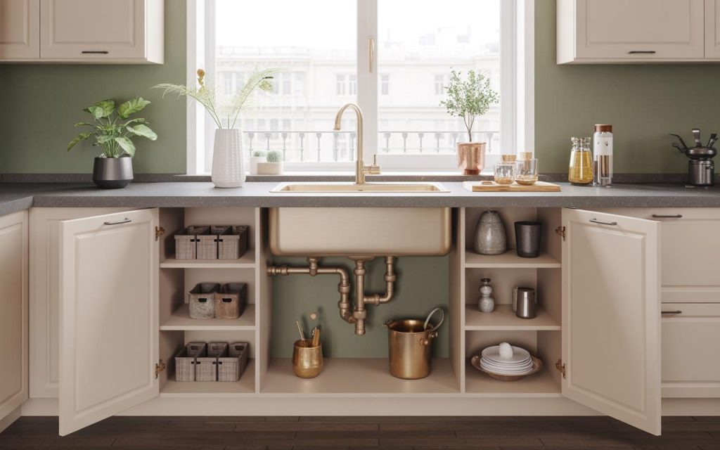 Modern Under sink storage ideas with shelves and organised kitchen cabinet layout