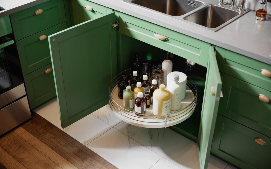 Smart Under sink storage ideas with rotating tray organiser for easy access bottles