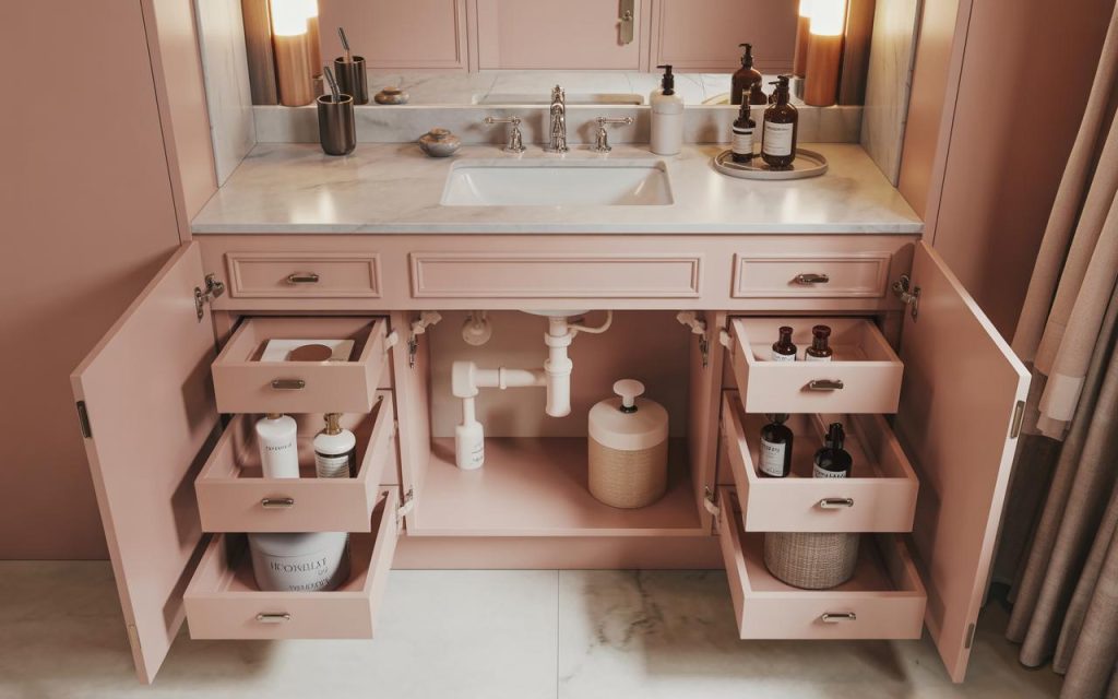 Elegant Under sink storage ideas with pull out drawers and organised bathroom cabinet