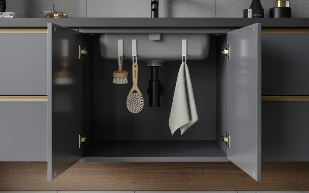 Minimal Under sink storage ideas with hanging hooks for brushes and cleaning tools
