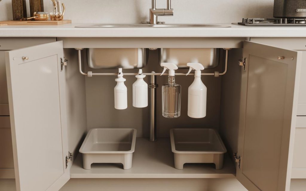 Smart under sink storage ideas with hanging bottles and bins for organised kitchen space