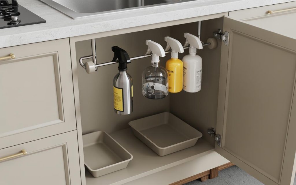 Smart Under sink storage ideas with tension rod hanging bottles and organised cabinet