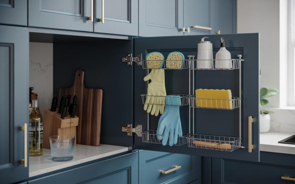 Smart Under sink storage ideas with cabinet door organisers racks for cleaning tools gloves and kitchen essentials