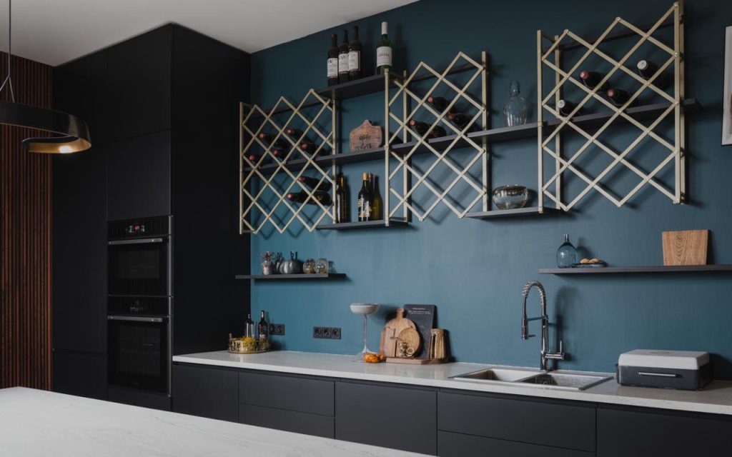 Stylish kitchen wine rack with geometric wall-mounted design and modern display shelves