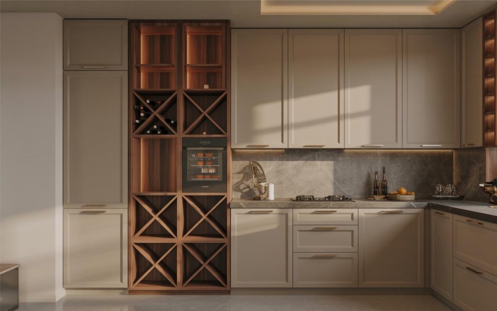 Luxury kitchen wine rack with tall cabinet design and wooden X-shaped bottle storage