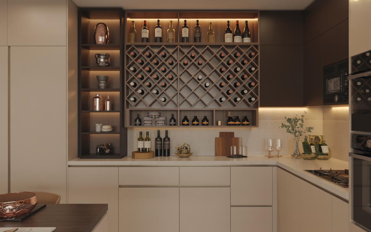 Modern kitchen wine rack with built-in cabinet display and warm ambient lighting
