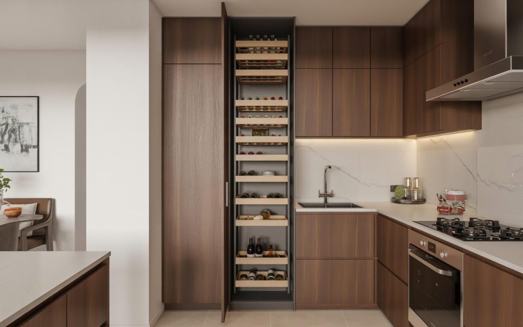 Modern kitchen wine rack with tall pull-out cabinet storage and space-saving vertical design