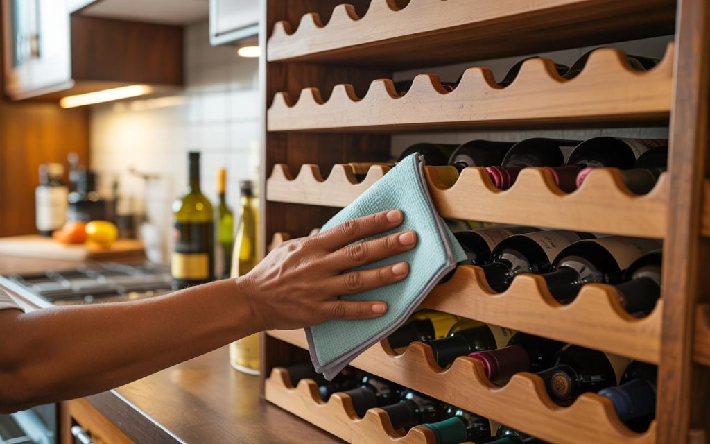 Premium kitchen wine rack with wooden shelves being cleaned and organized in modern kitchen