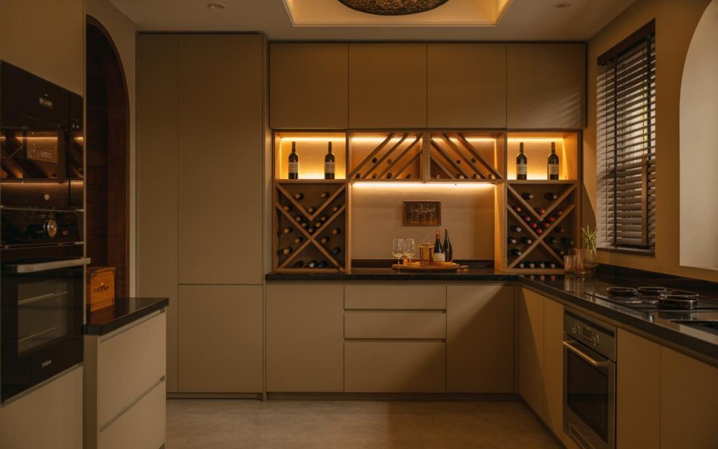 Luxury kitchen wine rack with illuminated cabinet design and elegant wooden bottle storage