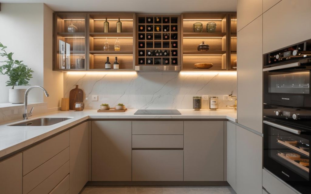 Elegant kitchen wine rack with wall cabinet storage and warm under-cabinet lighting
