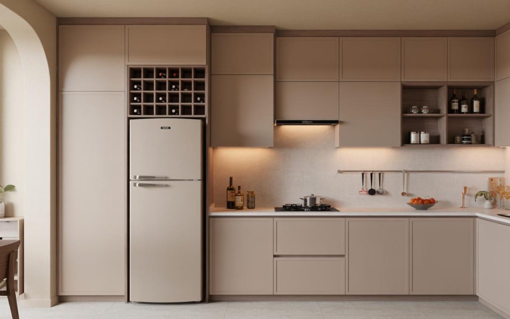 Modern kitchen wine rack above fridge with built-in cabinet storage and compact design